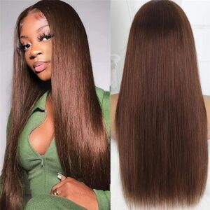 13x4 Chocolate Brown Bone Straight Lace Front Human Hair Wigs for Women Pre Plucked Transparent Lace Frontal Wig Natural Color