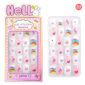 24PCS/Set Candy False Nail Tips Children Cartoon Full Cover Kid Glue Self Fake Nail Art for Girls Manicure Tips Nail Decor