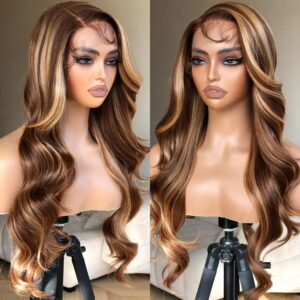 4/27 Body Wave Lace Frontal Synthetic Hair Wig 613 HD Transparent Natural Color Fibrous Wigs 99J Body Wave Hair Wigs For Women