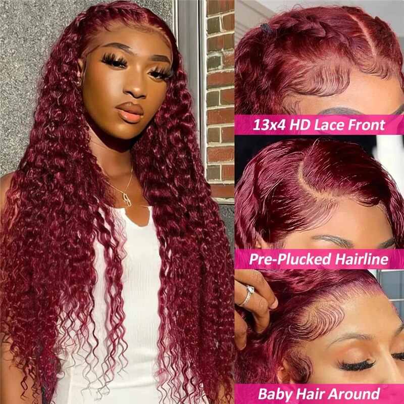 99J Burgundy Colored Water Wave 13x4 Lace Front Human Hair Wigs for Women Transparent Brazilian Curly Frontal Wig Pre Plucked - Image 3