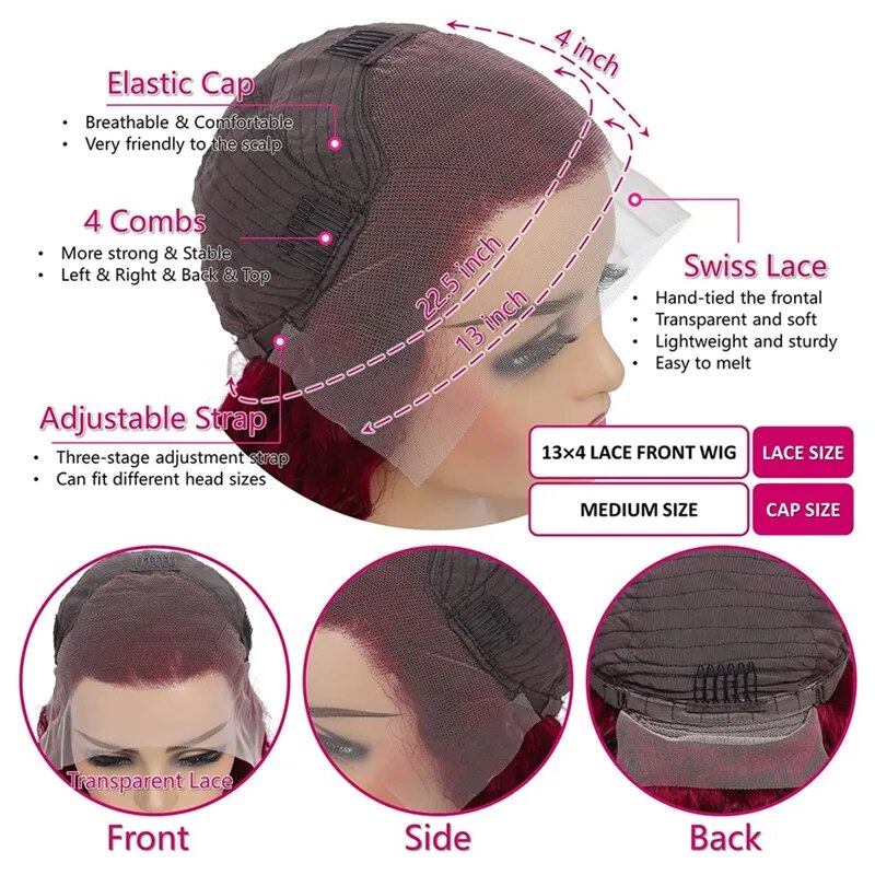 99J Burgundy Colored Water Wave 13x4 Lace Front Human Hair Wigs for Women Transparent Brazilian Curly Frontal Wig Pre Plucked - Image 4