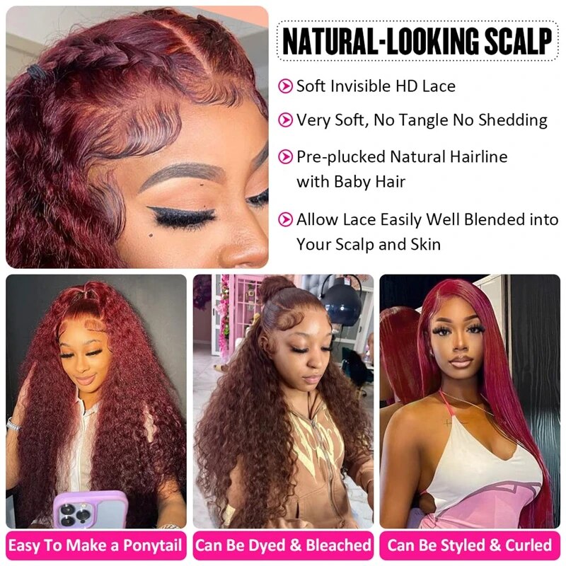 99J Burgundy Colored Water Wave 13x4 Lace Front Human Hair Wigs for Women Transparent Brazilian Curly Frontal Wig Pre Plucked - Image 5