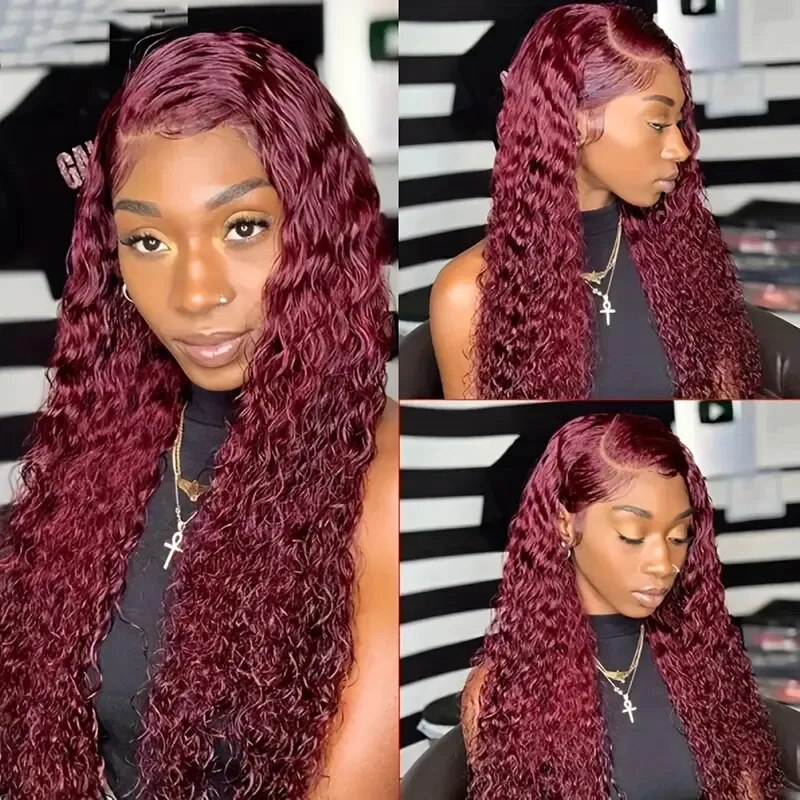 99J Burgundy Colored Water Wave 13x4 Lace Front Human Hair Wigs for Women Transparent Brazilian Curly Frontal Wig Pre Plucked - Image 6