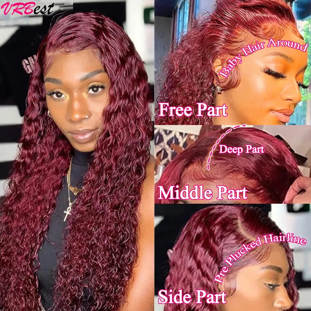 99j Deep Wave Frontal Wig Burgundy Lace Front Wig Human Hair Water Wave 13x4 HD Transparent Full Lace Front Human Hair Wigs - Image 2