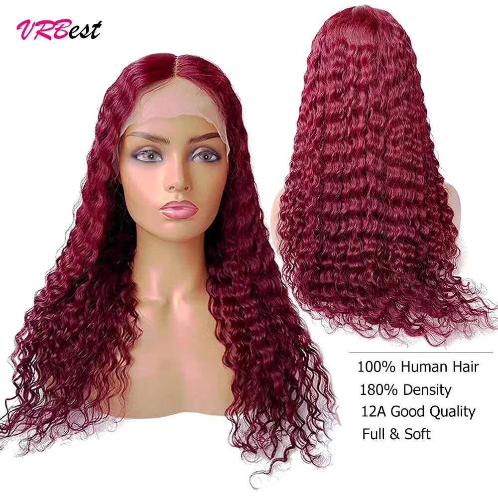 99j Deep Wave Frontal Wig Burgundy Lace Front Wig Human Hair Water Wave 13x4 HD Transparent Full Lace Front Human Hair Wigs - Image 3