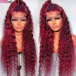 99j Deep Wave Frontal Wig Burgundy Lace Front Wig Human Hair Water Wave 13x4 HD Transparent Full Lace Front Human Hair Wigs