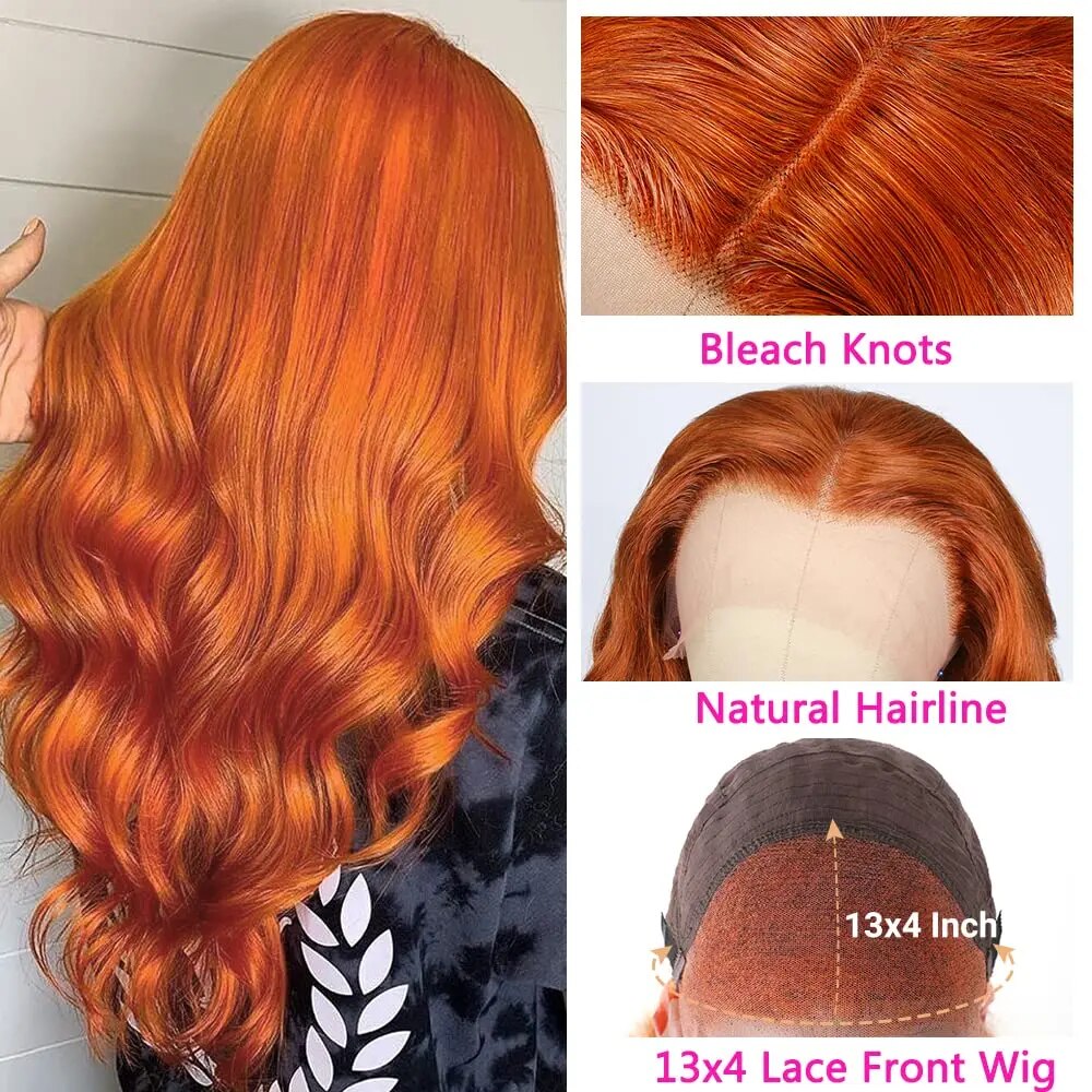 Body Wave Ginger Orange 13x6 HD Lace Front Wigs Human Hair Brazilian Remy Colored Pre Plucked 13x4 Human Hair Lace Frontal Wig - Image 4