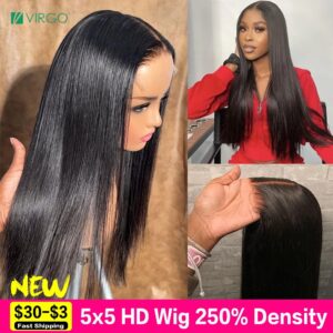 Bone Straight Real 5x5 HD Lace Closure Wig Human Hair Virgo Invisible Transparent Brazilian Virgin Wig 250% Density Full&Thick
