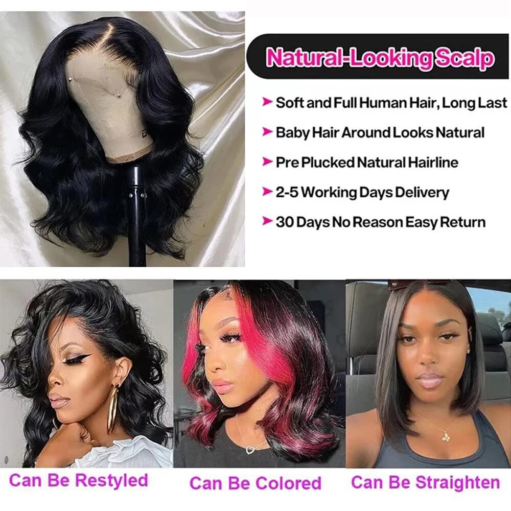 Glueless Short Wavy Lace Front Wigs Human Hair Pre Plucked Wear and Go Wigs for Black Women 13x4 Lace Frontal Wigs 180% Density - Image 3