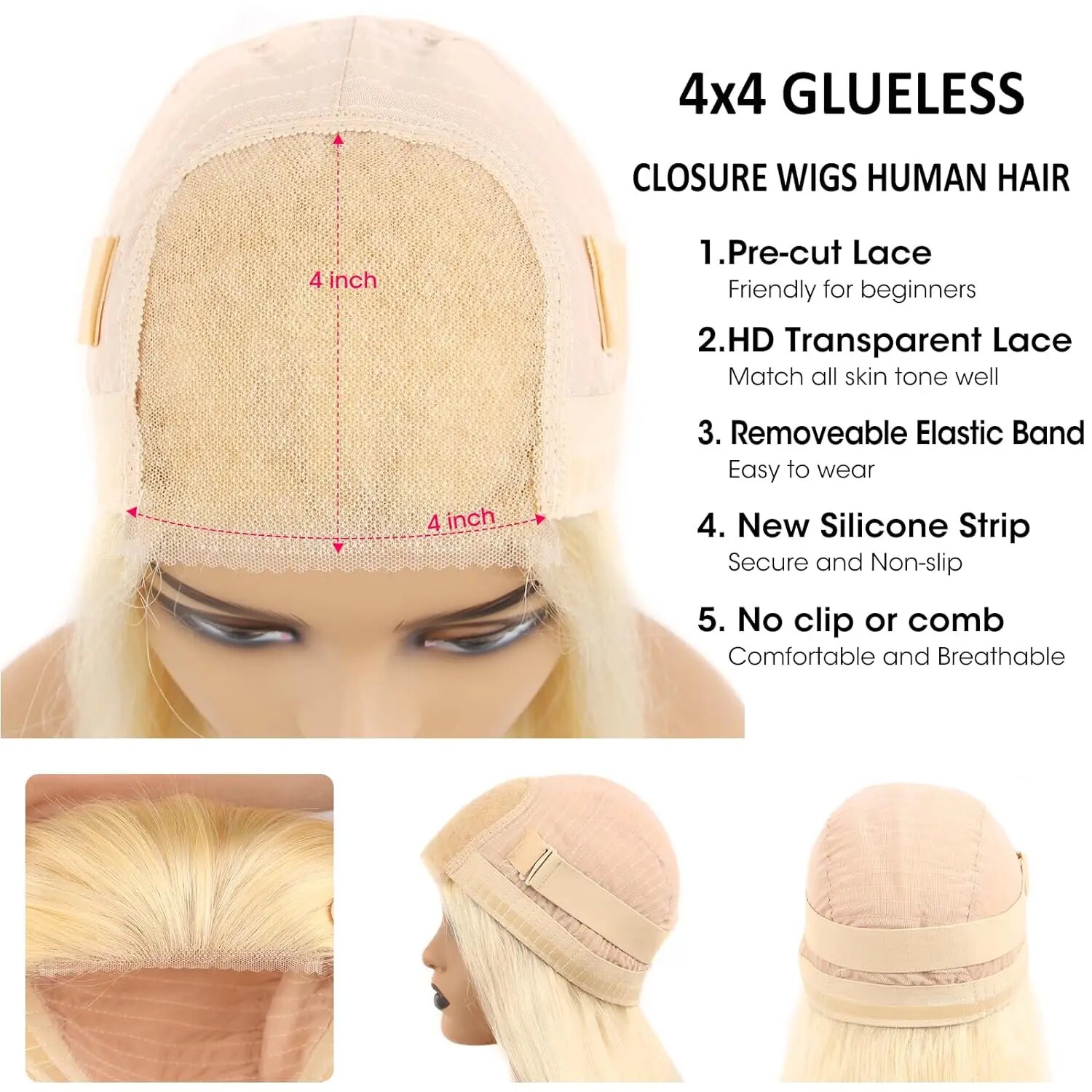 Glueless Wig 613 Honey Blonde Frontal Straight Human Hair Wig 13x6 HD Transparent Lace Front Human Hair Wigs 4x4 Closure Wigs - Image 4
