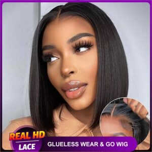 Glueless Wig Human Hair Straight Ready to Wear Short Bob Wig Pre Plucked Pre Cut 5x5 HD Lace Closure Wigs for Women 250 Density