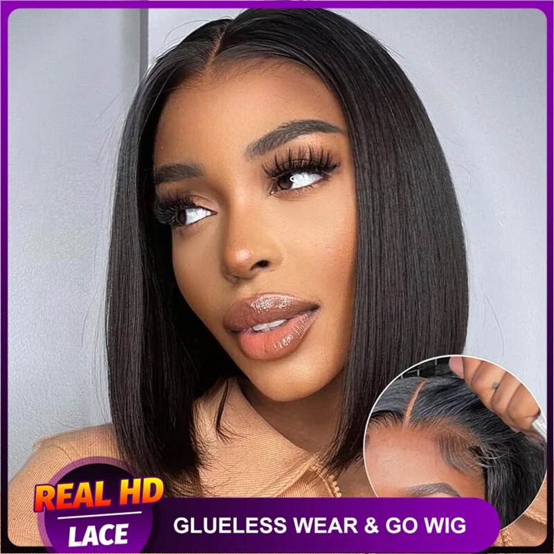 Glueless Wig Human Hair Straight Ready to Wear Short Bob Wig Pre Plucked Pre Cut 5x5 HD Lace Closure Wigs for Women 250 Density
