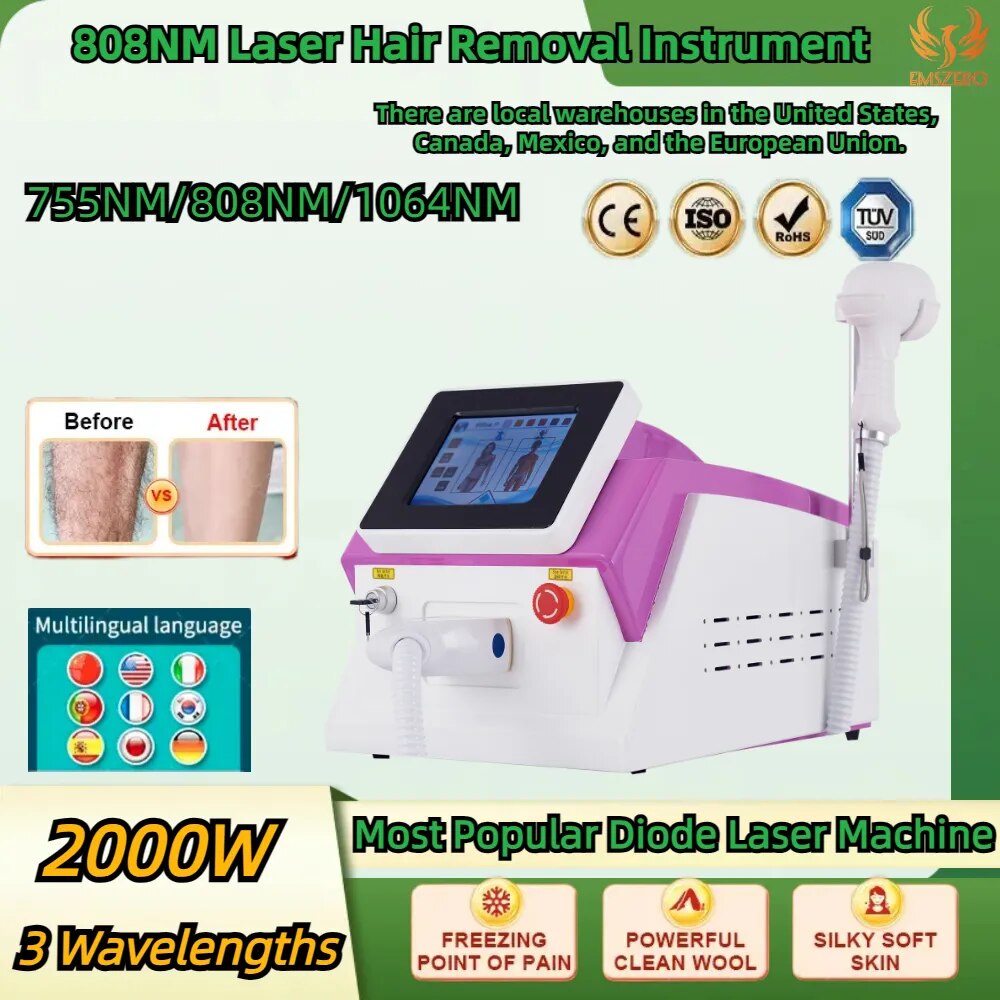 High 2023 808nm Diode Laser Hair Removal Machine Sapphire Contact Cooling Head Painless Laser 755 808 1064 Epilator
