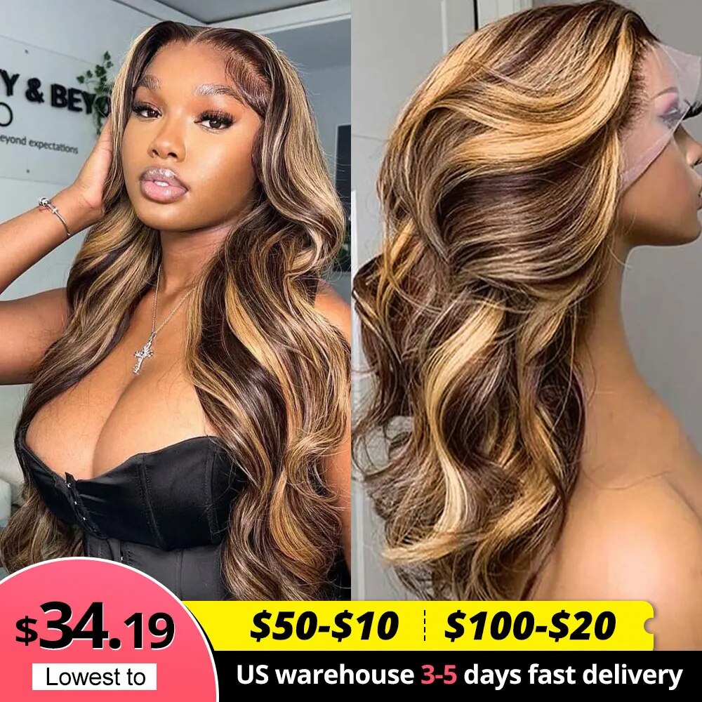 Highlight Lace Front Wig Human Hair Body Wave Ombre Colored Honey Blonde Lace Frontal Human Hair Wigs Ombre Lace Front Wig