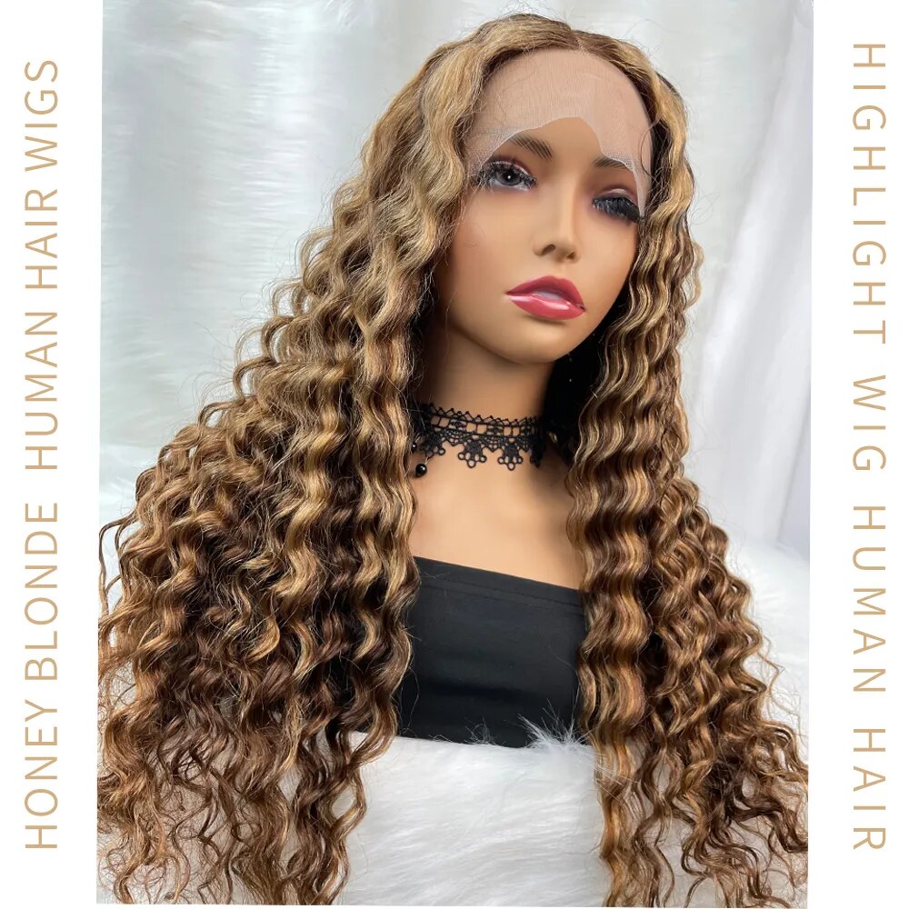 Highlight Wig Human Hair 13X6 Deep Wave Curly Colored Honey Blonde Lace Frontal Human Hair Wigs for Women Ombre Lace Front Wig - Image 3