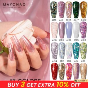 MAYCHAO Glitter Gel Nail Polish 7.3ml Semi-permanent Sequins Shiny Gel Base Top Coat Soak Off UV LED Varnish Nail Art Decoration