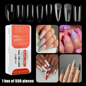PINPAI 550PCS Clear Acrylic Long Ballerina Fake Nails Almond Coffin Full Half Cover False Nails Artificial Nail Soft Gel Tips