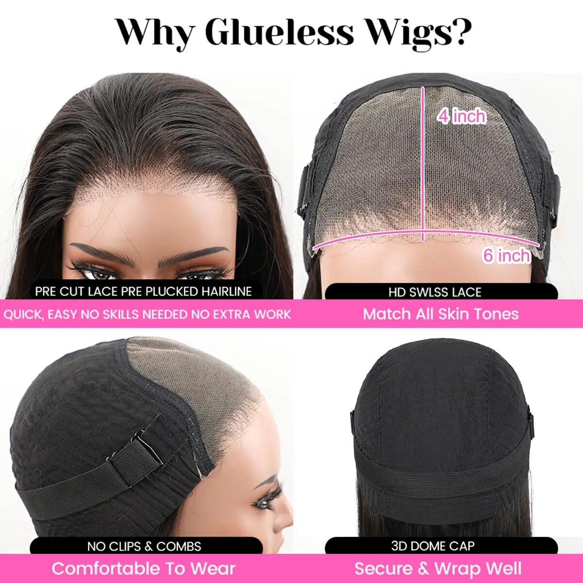 Wear & Go Glueless Wigs Human Hair Straight 6x4 Pre Cut HD Lace Front Wigs Human Hair Pre Plucked 180% Density Lace Closure Wig - Image 6